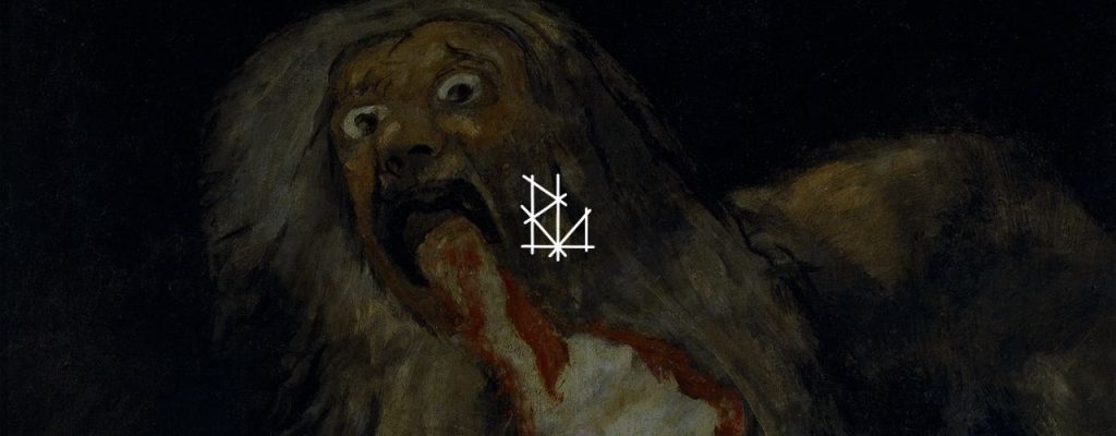 Saturn Devouring His Son by Goya, a nightmarish painting depicting a figure consuming a body in total darkness