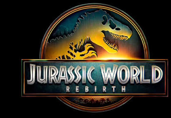 A tiny human expedition crossing dense tropical ruins while an enormous dinosaur silhouette rises behind vegetation, emphasizing scale and nature's dominance.