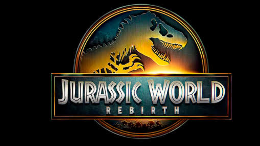 A tiny human expedition crossing dense tropical ruins while an enormous dinosaur silhouette rises behind vegetation, emphasizing scale and nature's dominance.