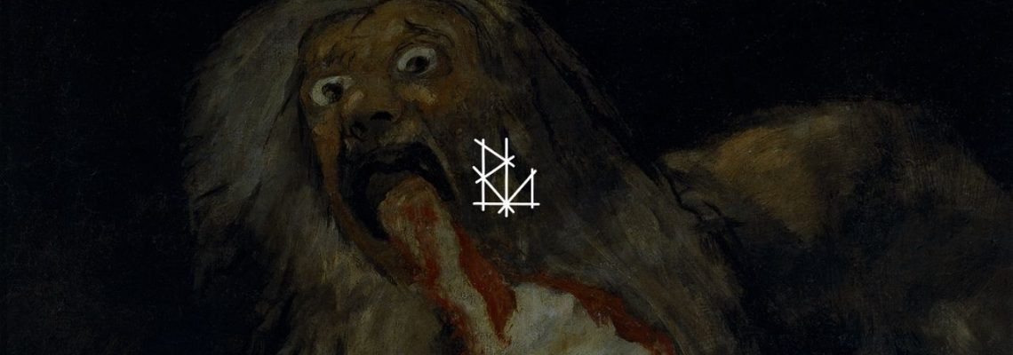 Saturn Devouring His Son by Goya, a nightmarish painting depicting a figure consuming a body in total darkness